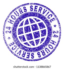 24 HOURS SERVICE stamp print with grunge texture. Blue vector rubber seal print of 24 HOURS SERVICE caption with unclean texture. Seal has words arranged by circle and globe symbol.