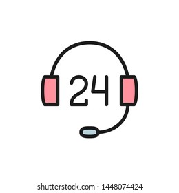 24 hours service support flat color icon.