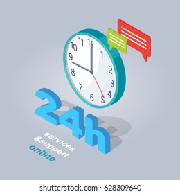 24 Hours service and support online. Blue wall clock and chat clouds isolated on grey background with sign. E commerce advertising vector illustration. Make purchases and receive help all day long