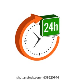 24 hours service symbol. Flat Isometric Icon or Logo. 3D Style Pictogram for Web Design, UI, Mobile App, Infographic. Vector Illustration on white background.