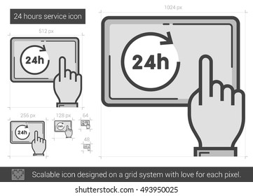 24 hours service vector line icon isolated on white background. 24 hours service line icon for infographic, website or app. Scalable icon designed on a grid system.