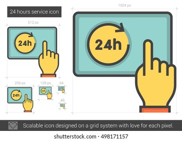 Icono de línea vectorial de servicio de 24 horas aislado en fondo blanco. Icono de línea de servicio de 24 horas para infografía, sitio web o aplicación. Icono escalable diseñado en un sistema de cuadrícula.