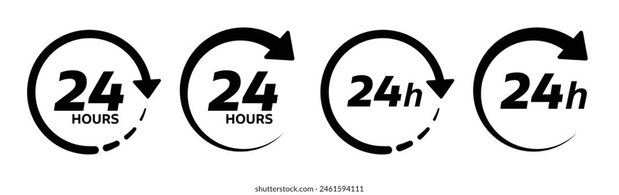 24 hours service vector symbol. 24h service duration sign. 24 h discount offer. same day delivery line icon set. fast 24hr support sign collection.