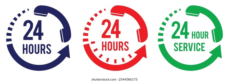 Símbolo do vetor de serviço 24 horas. Sinal de 24h de duração do serviço. 24 h oferta de desconto. Conjunto de ícones da linha de distribuição no mesmo dia. Coleção rápida de sinais de suporte 24 horas.