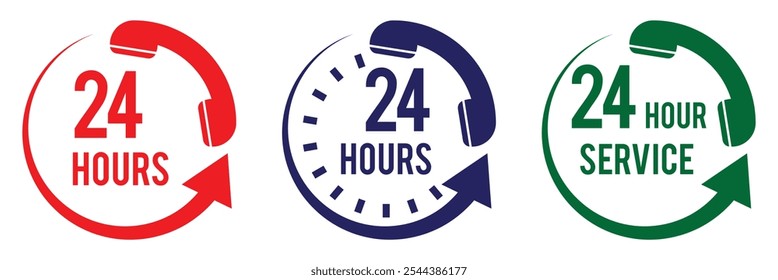 24 hours service vector symbol. 24h service duration sign. 24 h discount offer. Same day delivery line icon set. Fast 24hr support sign collection.