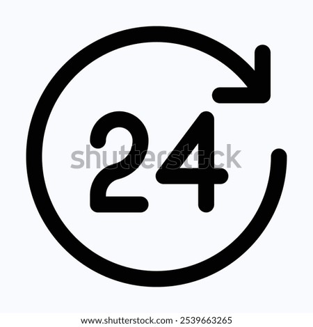 24 hours Service Vector Symbol, 24h Service Duration Sign, 24 H Discount Offer. Same Day Delivery Icon, Isolated Lineal Vector Icon.