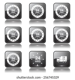 24 Hours Services Square Vector Black Button Icon Design Set