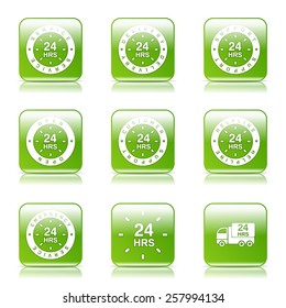 24 Hours Services Square Vector Green Icon Design Set