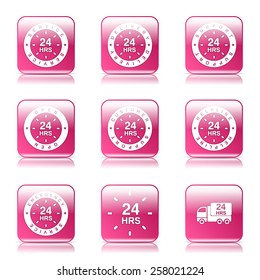 24 Hours Services Square Vector Pink Icon Design Set