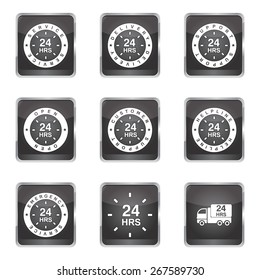 24 Hours Services Square Vector Black Button Icon Design Set