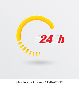 24 hours services time icon, open around clock serving, yellow arrow sign on white background. Vector illustration for business advertising.