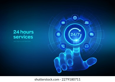 24 hours servises. 24-7 support. Technical support. Customer help. Tech support. Customer service, Business and technology concept. Wireframe hand touching digital interface. Vector illustration.