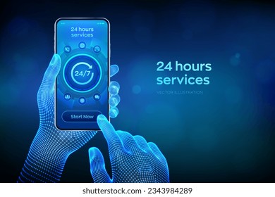 24 hours servises. 24-7 support. Technical support. Customer help. Tech support. Customer service, Business and technology concept. Closeup smartphone in wireframe hands. Vector illustration.