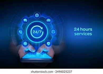 24 hours servises. 24-7 support. Technical support. Customer help. Tech support. Customer service, Business and technology concept. Smartphone in hands. Using smartphone. Vector illustration.