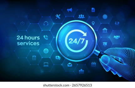 24 horas de serviço. Suporte 24 horas por dia, 7 dias por semana. Suporte técnico. Ajuda do cliente. Suporte técnico. Serviço de atendimento ao cliente, Negócios e conceito de tecnologia com lupa em wireframe mão e ícones. Ilustração vetorial.