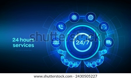 24 hours servises. 24-7 support icon in wireframe hands. Technical support. Customer help. Tech support. Customer service, Business and technology concept. Vector illustration.