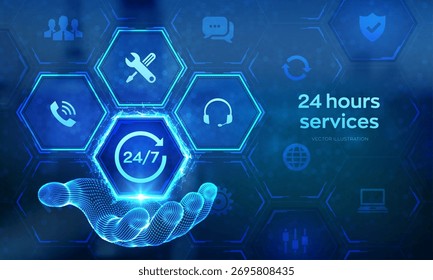 Icono de servicios de 24 horas en mano de wireframe. Asistencia técnica. Ayuda del Cliente. Asistencia 24-7. Asistencia tecnológica. Concepto de Servicio al cliente, negocio y tecnología en pantalla virtual. Ilustración vectorial.