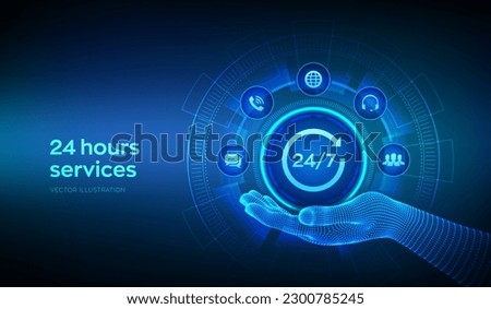 24 hours servises icon in wireframe hand. 24-7 support. Technical support. Customer help. Tech support. Customer service, Business and technology concept on virtual screen. Vector illustration.