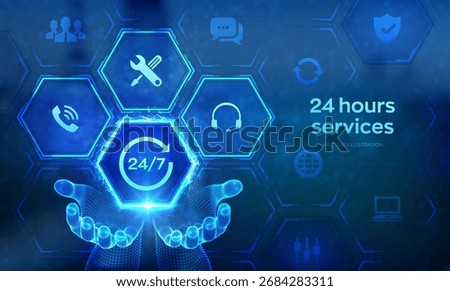 24 hours servises icon in wireframe hands. 24-7 support. Technical support. Customer help. Tech support. Customer service, Business and technology concept on virtual screen. Vector illustration.