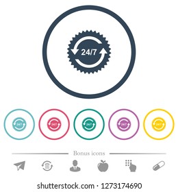24 hours seven sticker with arrows flat color icons in round outlines. 6 bonus icons included.
