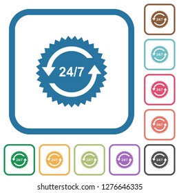 24 hours seven sticker with arrows simple icons in color rounded square frames on white background