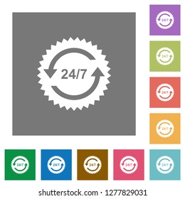 24 hours seven sticker with arrows flat icons on simple color square backgrounds