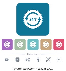 24 hours seven sticker with arrows white flat icons on color rounded square backgrounds. 6 bonus icons included