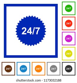 24 hours seven sticker flat color icons in square frames on white background
