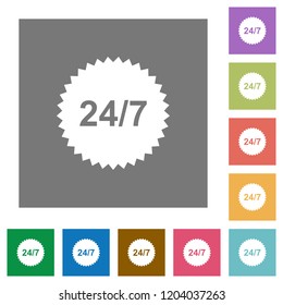 24 hours seven sticker flat icons on simple color square backgrounds