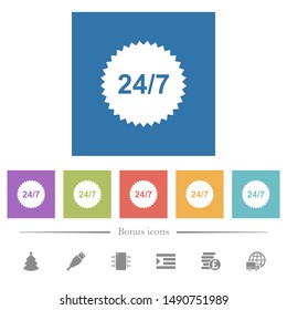24 hours seven sticker flat white icons in square backgrounds. 6 bonus icons included.
