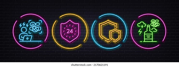 24 horas, escudos y iconos de línea mínimos de tensión difícil. Luces 3d láser neón. Iconos de adicción al alcohol. Para web, aplicación, impresión. Protección, seguridad, presión laboral. La mente confundida. Vector