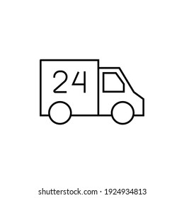 24 Hours shipping delivery truck icon in flat black line style, isolated on white background 