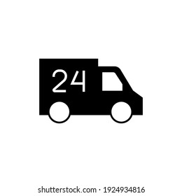 24 Hours shipping delivery truck icon in solid black flat shape glyph icon, isolated on white background 