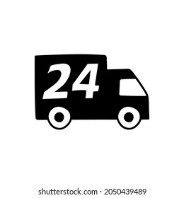 24 Hours shipping delivery truck icon in solid black flat shape glyph icon, isolated on white background 