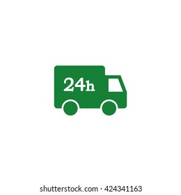 24 hours shipping truck. Vector icon green
