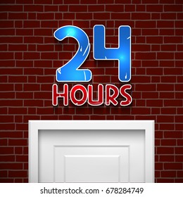24 hours sign above the street door closeup. Vector illustration