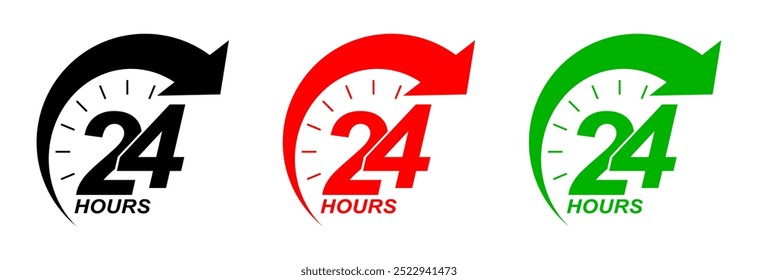 24 hours sign service vector illustration, 24 hours order execution symbol, 24h service duration sign. 24 h discount offer. Offer Icon, 24hrs delivery line icon set. fast 24hr sign, Fast service icon.