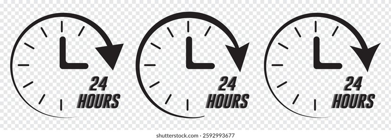 24 hours sign service vector illustration, 24 hours order execution symbol, 24h service duration sign. 24 h discount offer. Offer Icon, 24hrs delivery line icon set. fast 24hr sign, Fast service icon.