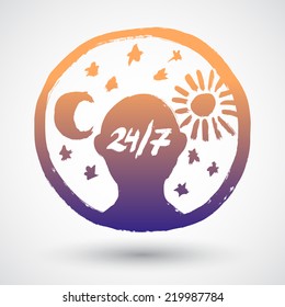 24 hours sign. Sun and Moon grunge vector