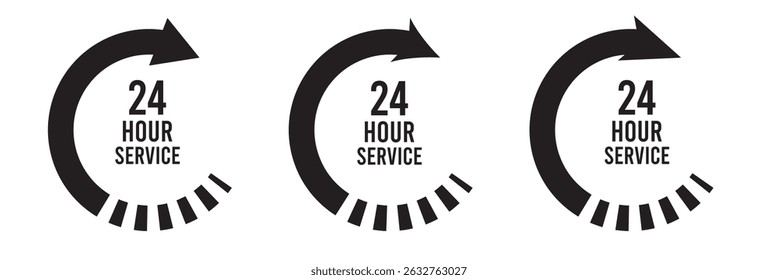 
24 hours sign. Twenty four hour with arrow loop icon, 24 hours cyclic sign, Opened order execution or delivery, All day business and service, Vector illustration.