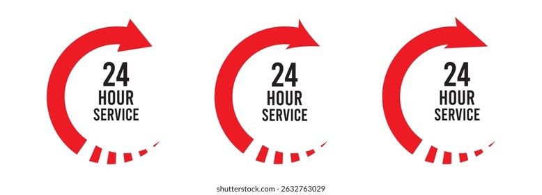 
24 hours sign. Twenty four hour with arrow loop icon, 24 hours cyclic sign, Opened order execution or delivery, All day business and service, Vector illustration.
