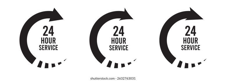 
24 hours sign. Twenty four hour with arrow loop icon, 24 hours cyclic sign, Opened order execution or delivery, All day business and service, Vector illustration.