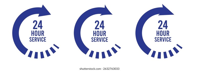 
24 hours sign. Twenty four hour with arrow loop icon, 24 hours cyclic sign, Opened order execution or delivery, All day business and service, Vector illustration.