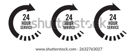 
24 hours sign. Twenty four hour with arrow loop icon, 24 hours cyclic sign, Opened order execution or delivery, All day business and service, Vector illustration.
