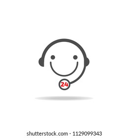 24 Hours smile call center icon with heart in microphone on yellow background : logo vector