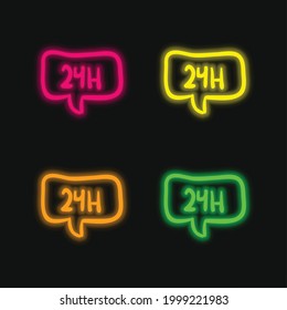 24 Hours In Speech Bubble Hand Drawn Commercial Signal four color glowing neon vector icon
