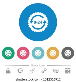 24 hours sticker with arrows flat white icons on round color backgrounds. 6 bonus icons included.