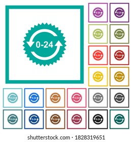 24 hours sticker with arrows flat color icons with quadrant frames on white background