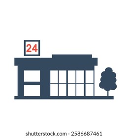 24 hours store building, night cafe silhouette, mini market vector icon, laundry pictogram