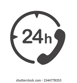 24 hours support call center icon. Flat vector illustration in black on white background.
